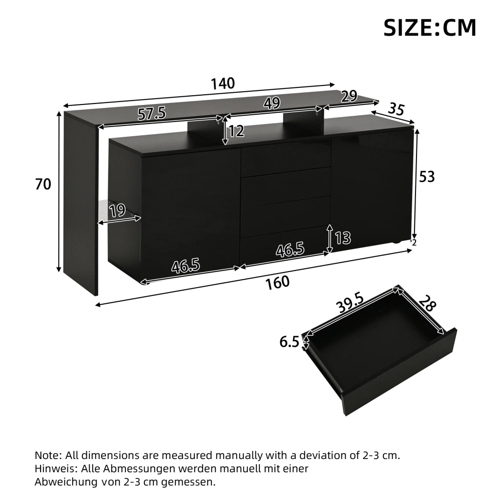 Sideboard con LED e USB 160 cm; 4 cassetti; 2 ante; in truciolare nero