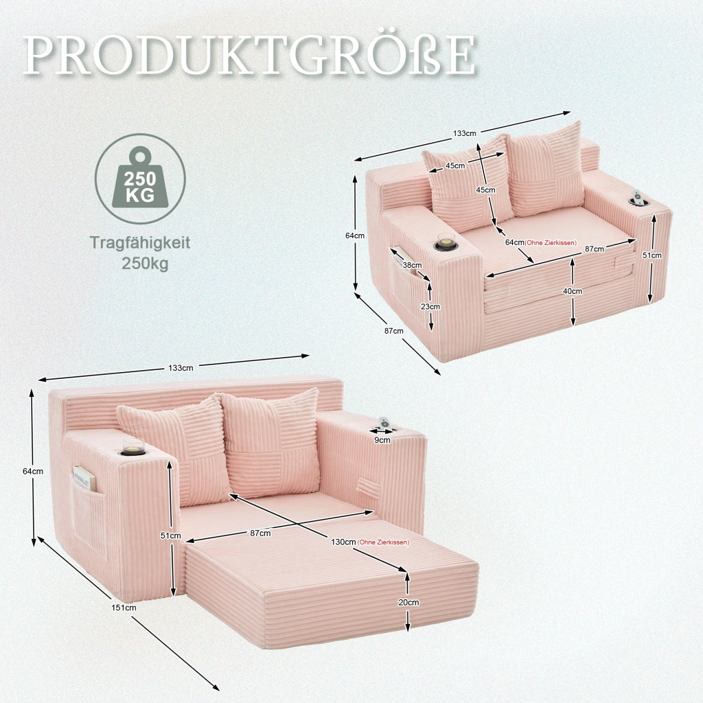 Divano due posti rosa 151 x 133 x 64 cm con cuscini e portabicchieri; velluto a coste
