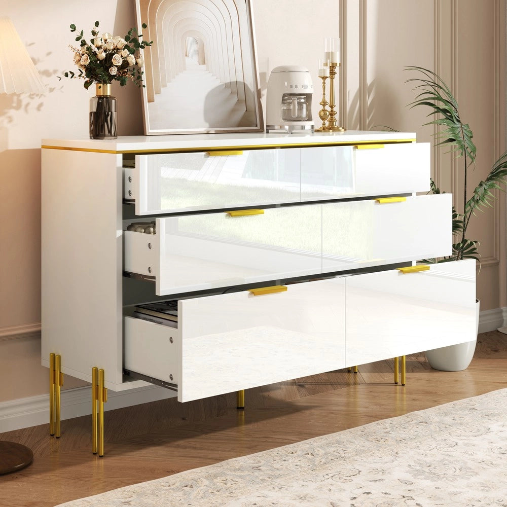 Credenza Moderna con 6 Cassetti ¨C MINIMAL ¨C Bianco e Oro, Frontali Lucidi, Soggiorno