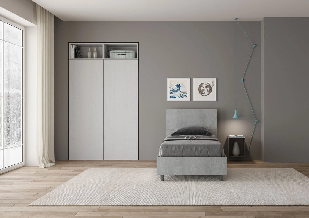 Letto Singolo 80x190 cm con Rete e Contenitore Demas Testata Dritta Cemento