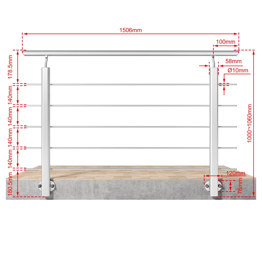Ringhiera kit in alluminio , Corrimano per scala Lungh. 150 cm, Montaggio laterale, uso interno ed esterno, argento opaco