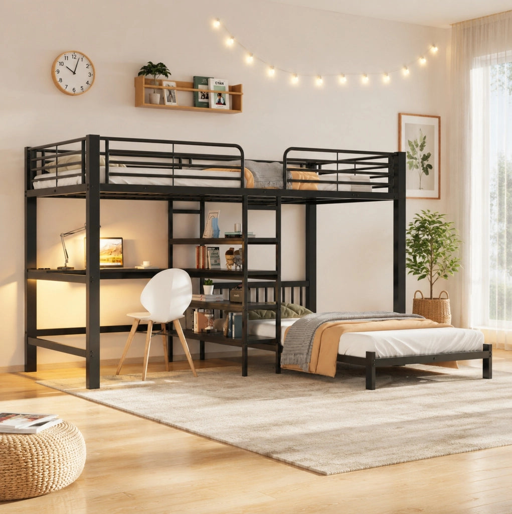 Letto a soppalco 90x200 cm con scrivania, scale contenitive e prese integrate