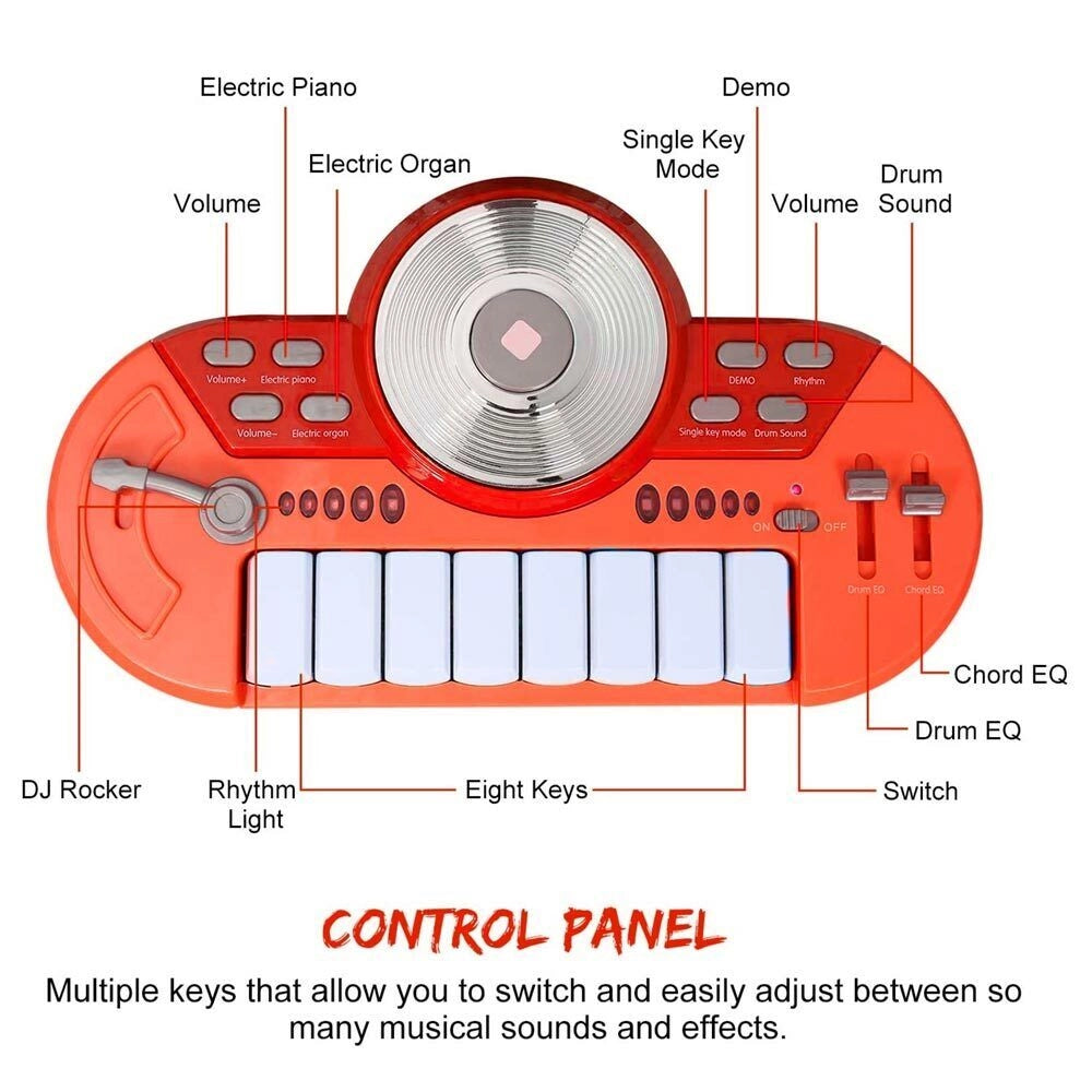Batteria Musicale Giocattolo con Microfono Pianola Piatto DJ e Lettore MP3 Rosso