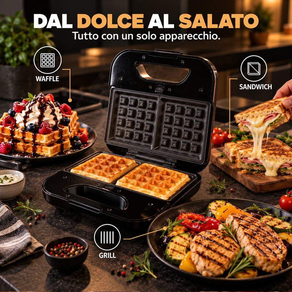 Macchina per Waffle con Piastre Intercambiabili Panini Maker e Grill Salvaspazio