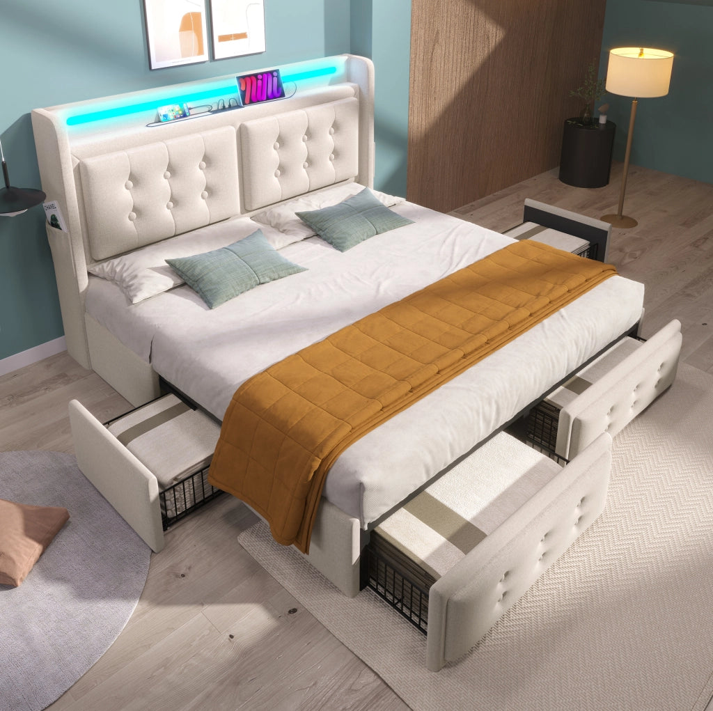 Letto matrimoniale 140x200 beige con materasso, LED, USB e cassetti