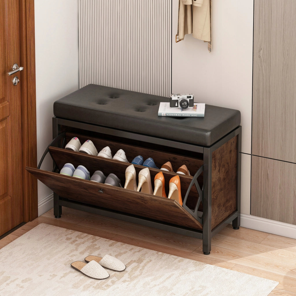 Armadio per scarpe con seduta, capiente, ripostiglio apribile, ripiano in legno, stile retrò