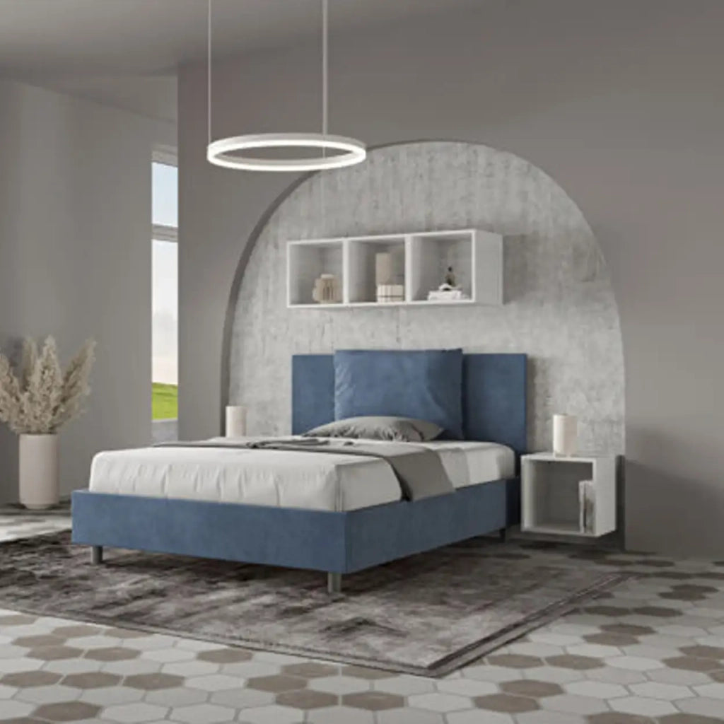 Letto matrimoniale francese con rete imbottito 140x210 microfibra blu Antea