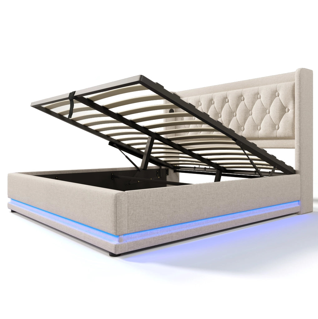 Letto matrimoniale 160x200 cm con contenitore; LED e USB Type-C; imbottito beige in cotone