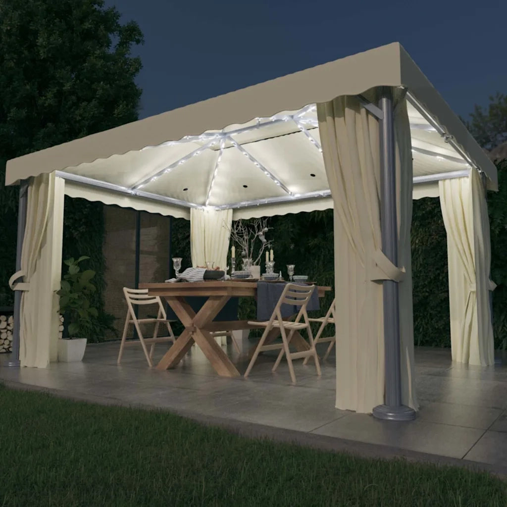 Gazebo con Tende e Stringa di Luci LED 4x3 m Bianco Crema 3070353