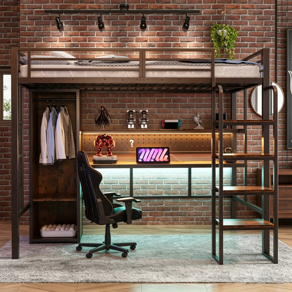 Letto a soppalco multifunzionale 90x200 cm con armadio; scrivania e LED; metallo e MDF