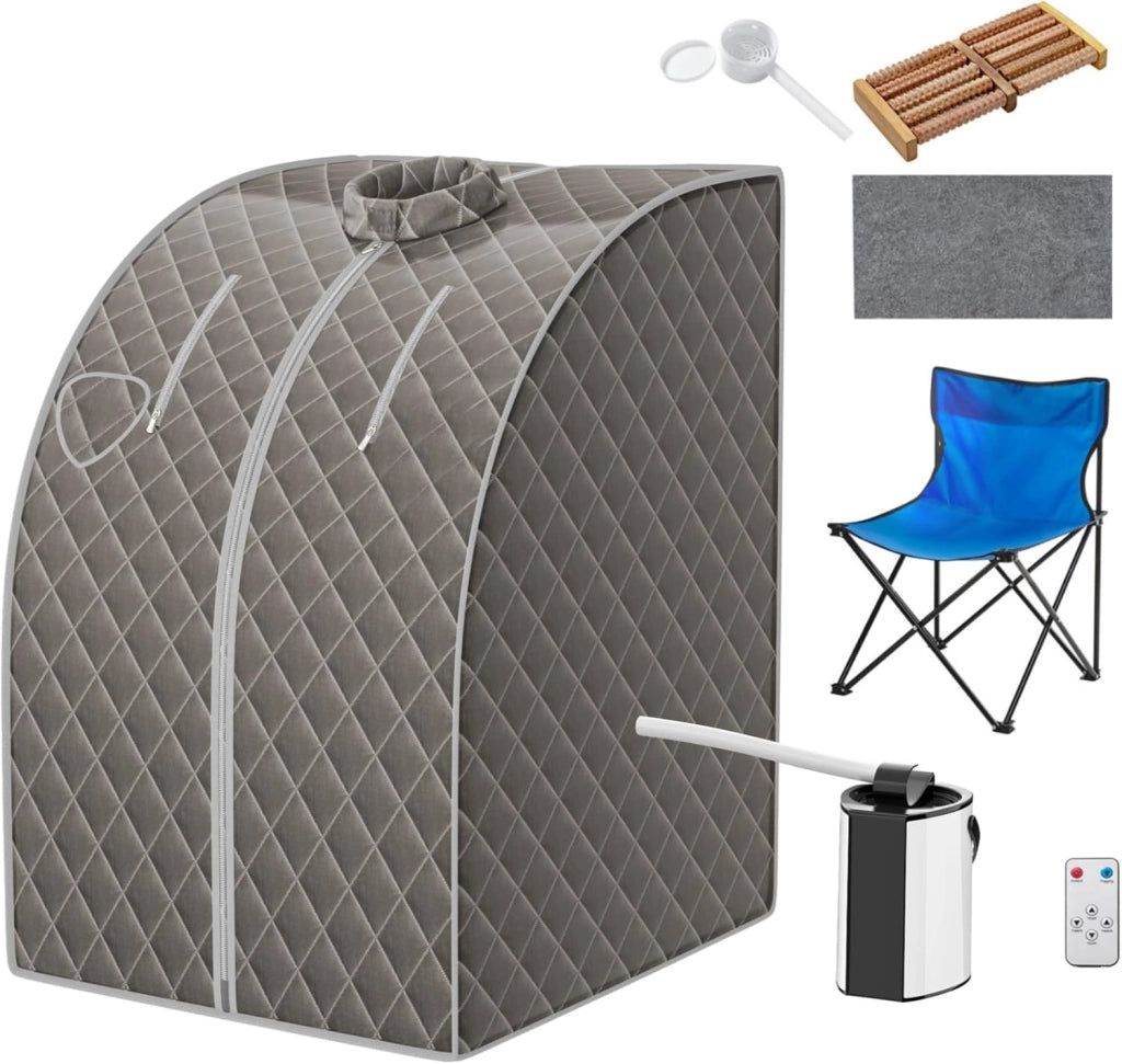 1000 W Sauna a Vapore Portatile con Telecomando, Sauna Domestica Bagno di Vapore con Sedia, Sauna Spa 3L, Funziona Timer 15-90 min (Grigio)