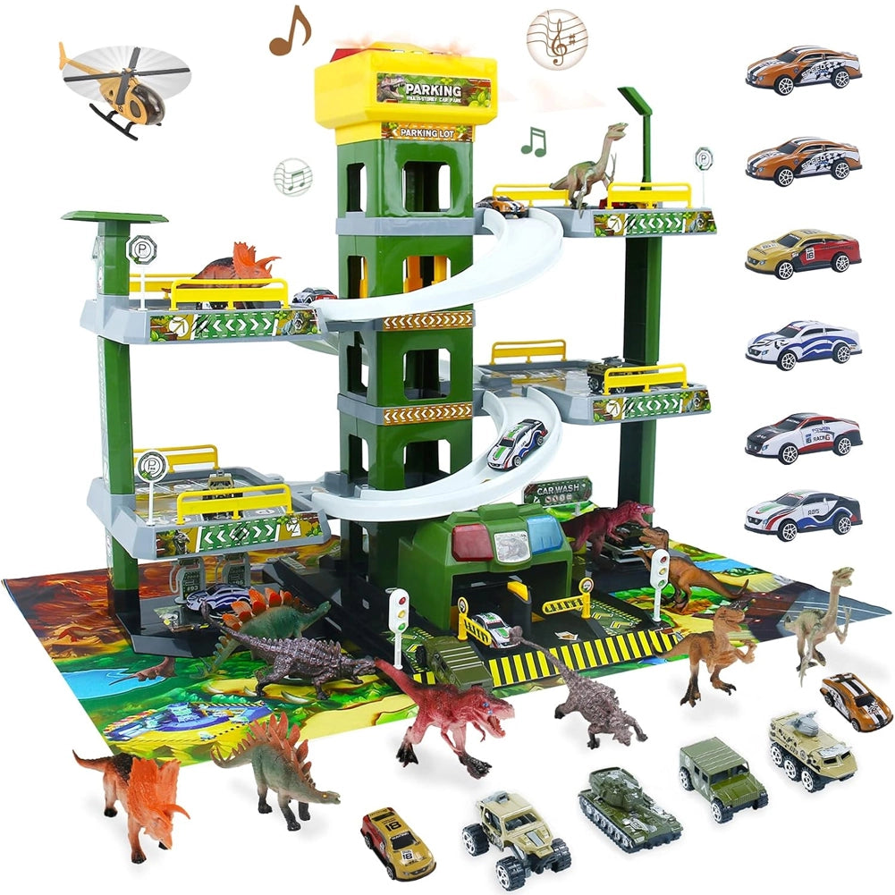 Garage GiocattoloMultilivello per Bambini con Dinosauri e Auto 5 Piani Multicolore