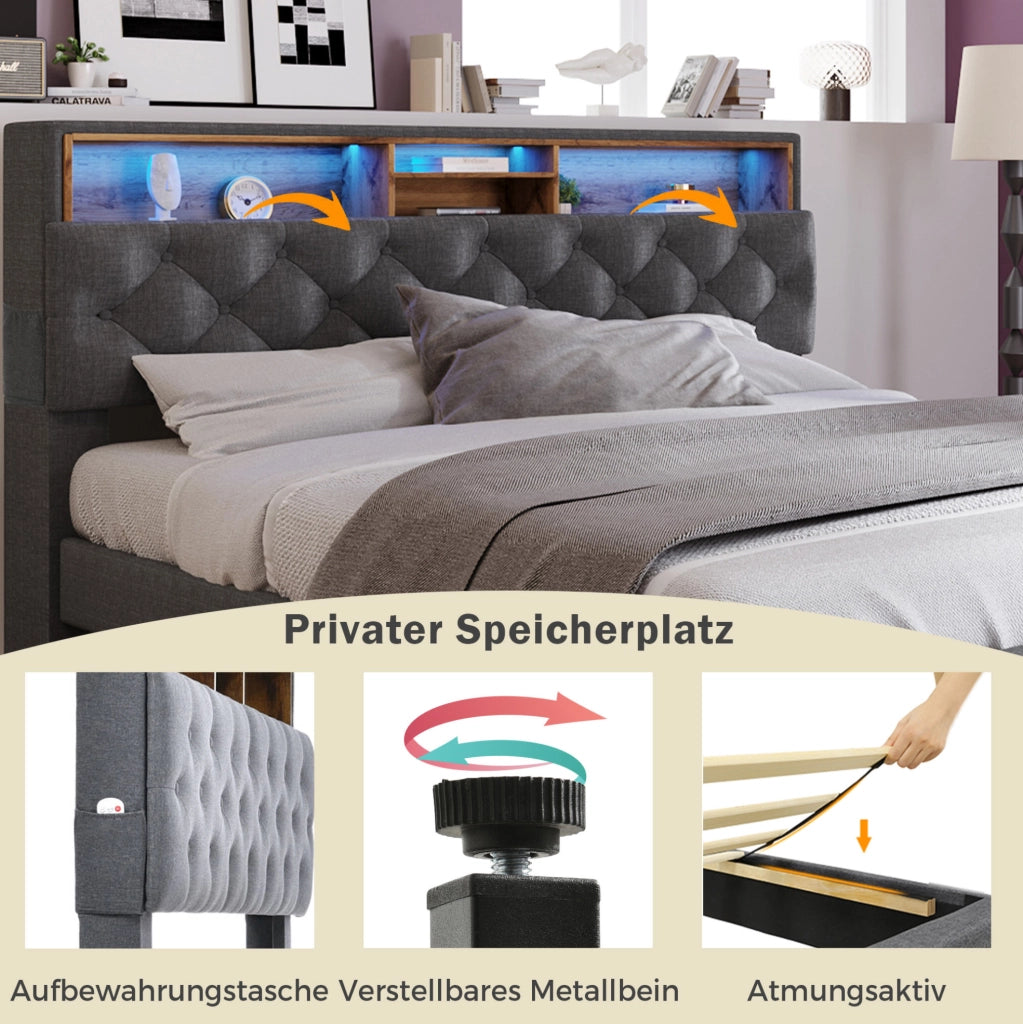 LETTO imbottito 140x200 cm Grigio con testiera contenitore e LED