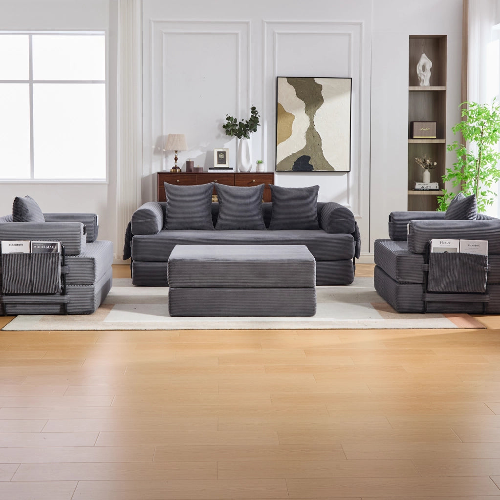 DIVANO Modulare in velluto a coste grigio scuro con pouf e 3 cuscini