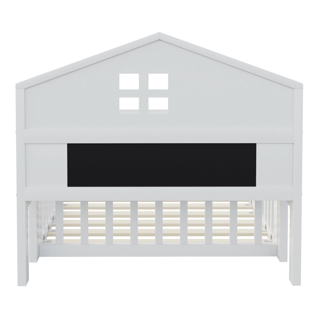 Letto per bambini 90x200 cm a casetta con lavagna, ripiani e barriera bianco