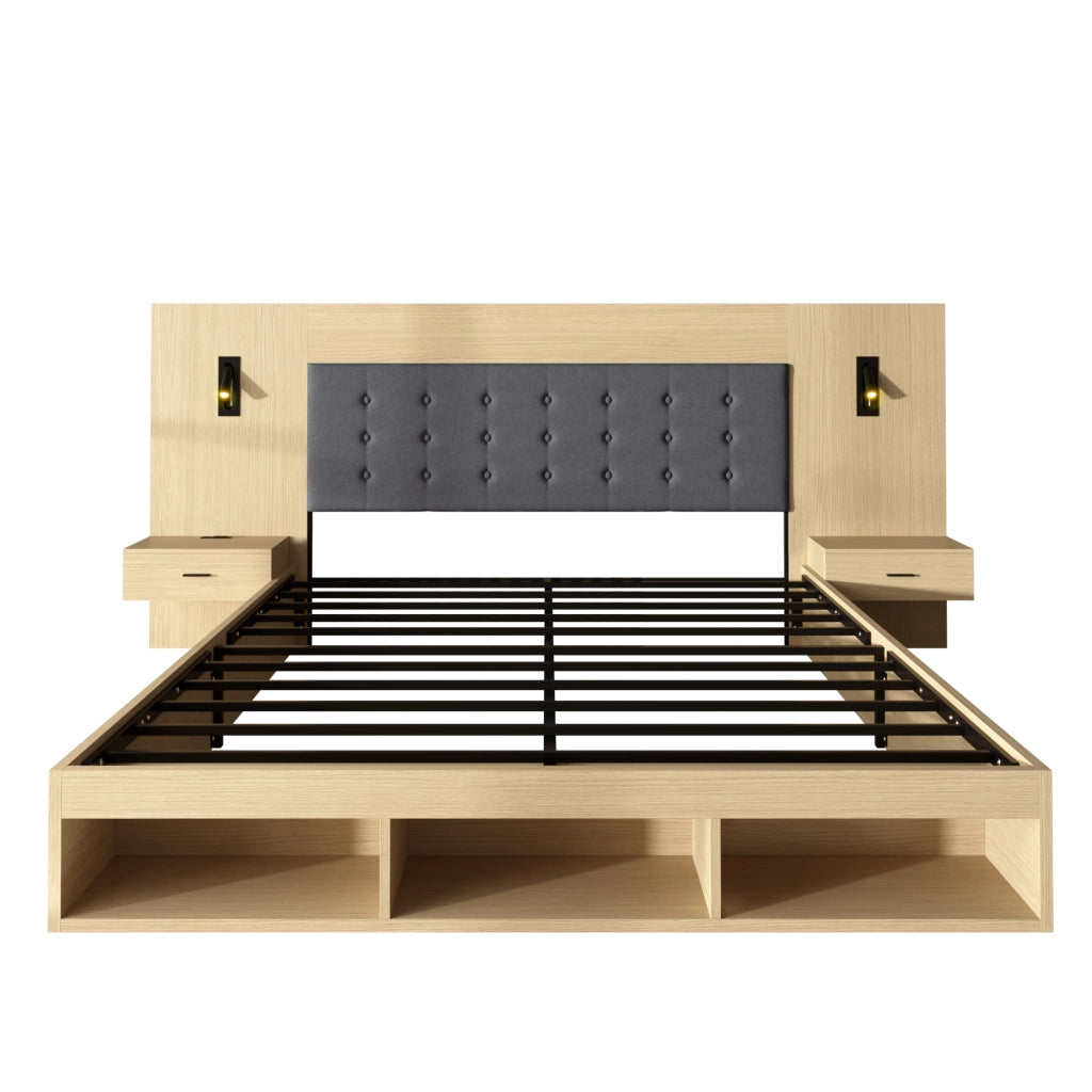 Letto matrimoniale in legno con USB, LED e 2 comodini, 180x200 cm, quercia chiara