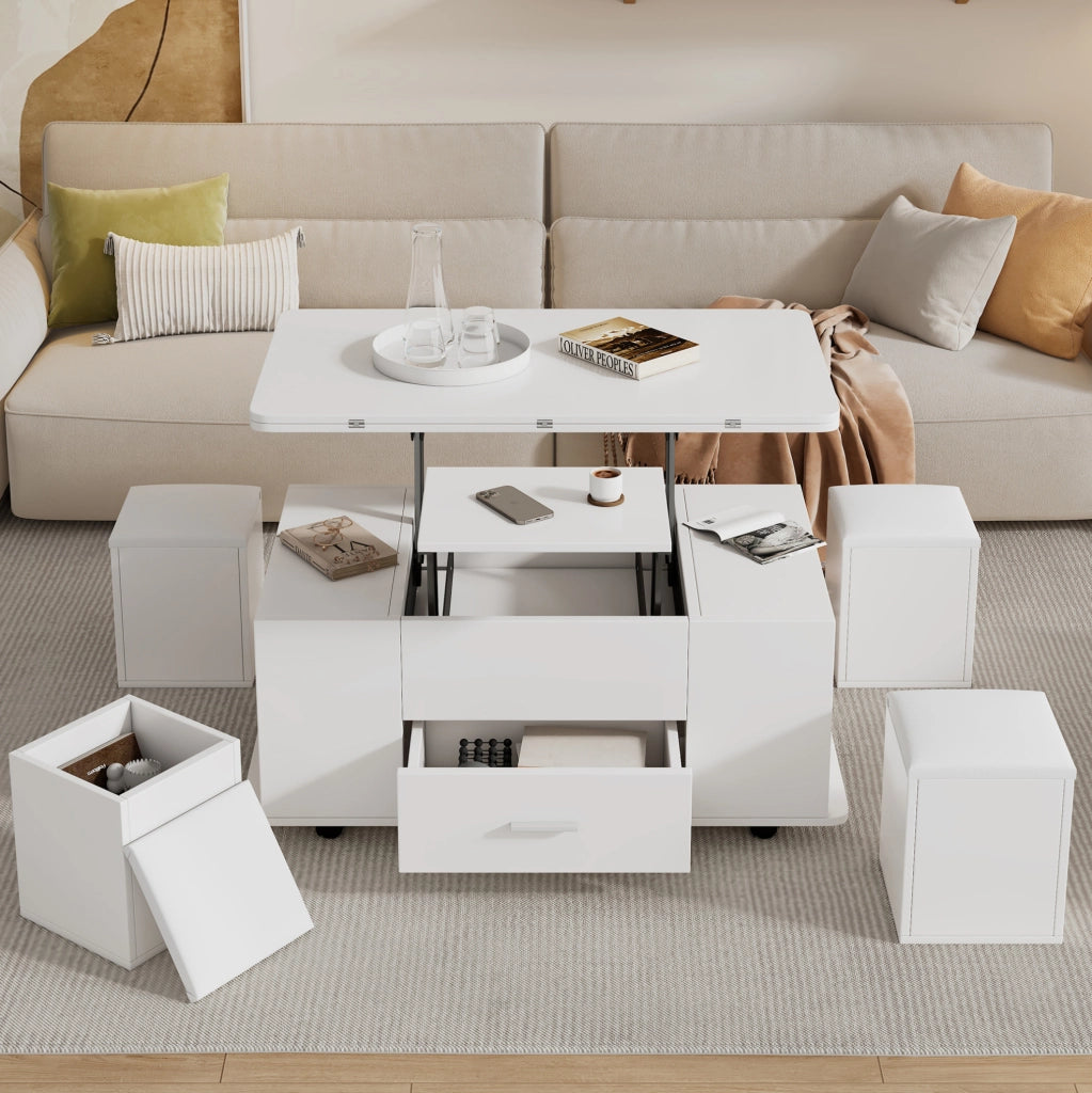 TAVOLO da caffè sollevabile 100 x 50 cm bianco con 4 sgabelli