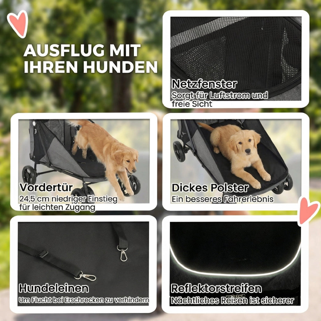 Carrello per Cani Pieghevole ¨C Minimal ¨C Grigio 360¡ã Ruote Rete Cuscino