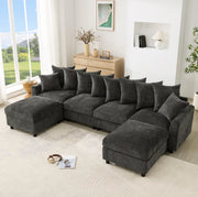 Divano modulare ULEVR 6 posti a U o L con 2 pouf, USB e Type-C, cuscini regolabili, chenille grigio