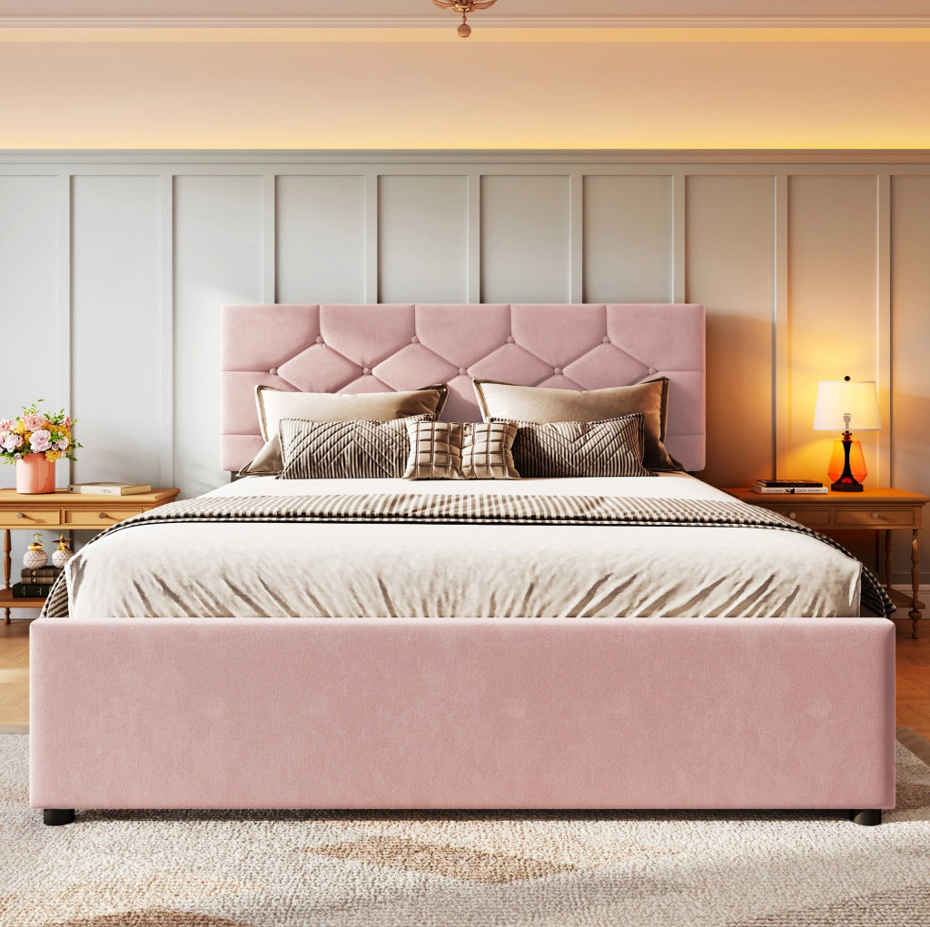 Letto imbottito 140x200 cm con rete e letto estraibile rosa