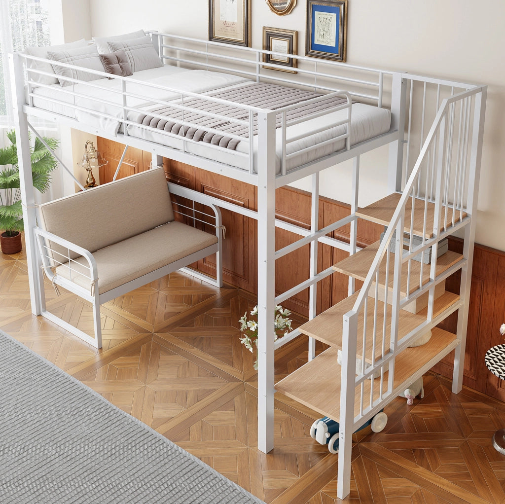 Letto a castello 90x200 cm con scala contenitore e divano removibile in metallo