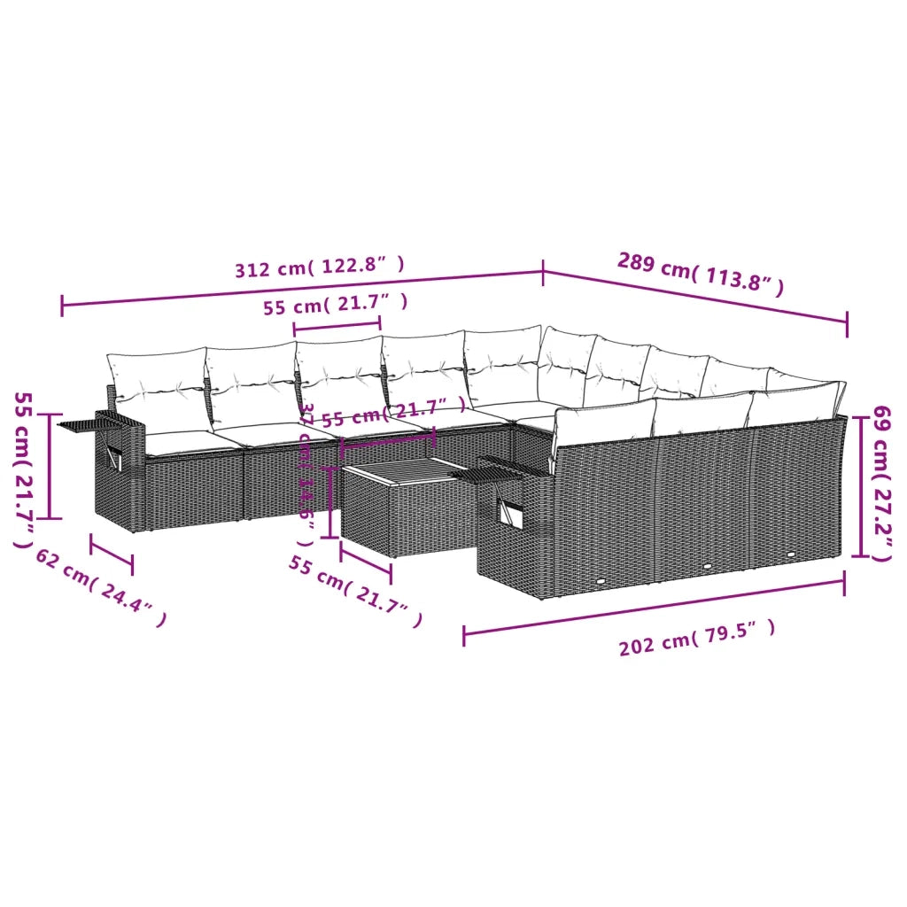 Set Divani da Giardino 12 pz con Cuscini Grigio in Polyrattan 3224793
