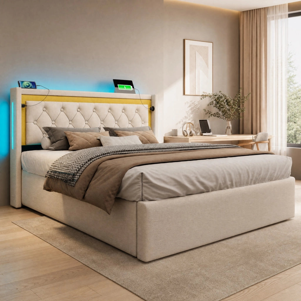 Letto matrimoniale LED 140x200 in cotone beige con USB e Type-C, contenitore e rete a doghe