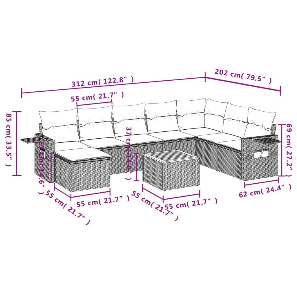 Set Divani da Giardino 9 pz con Cuscini Nero in Polyrattan 3224697