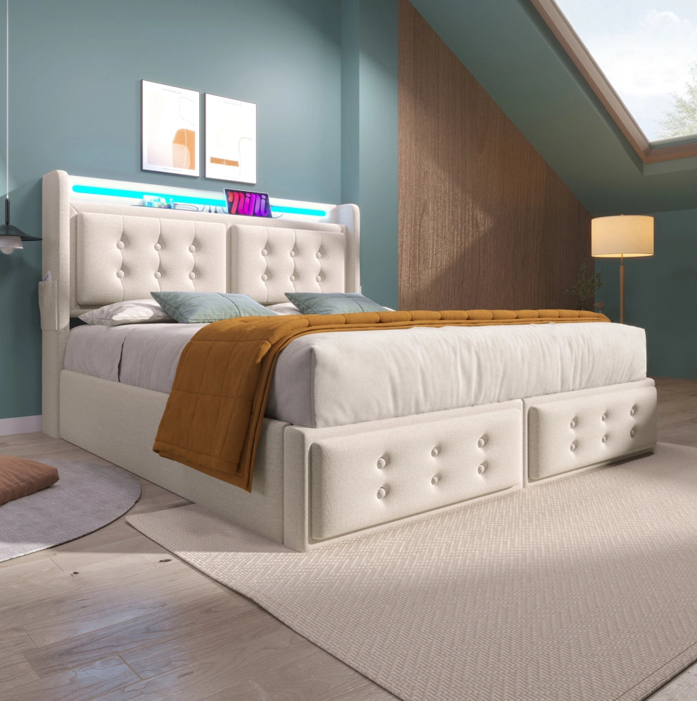 LETTO Contenitore 160x200 cm Beige in Cotone e Metallo con LED e prese USB