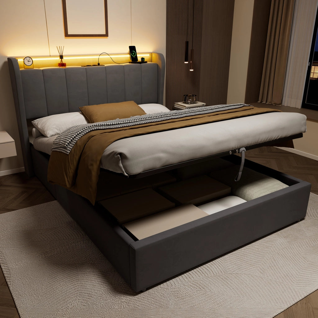 Letto contenitore imbottito grigio scuro 140x190 cm con LED e vano portaoggetti