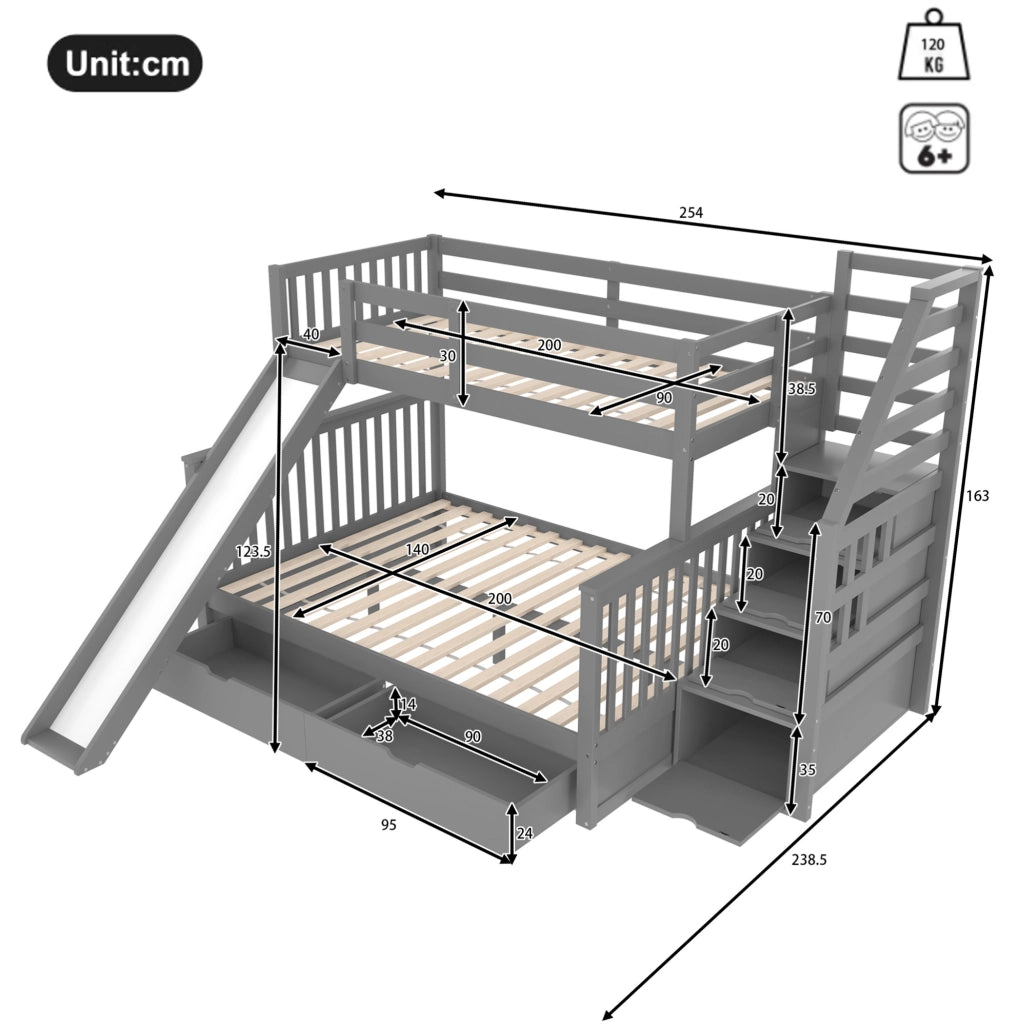 Letto a castello 90x200/140x200 cm con scivolo e cassetti