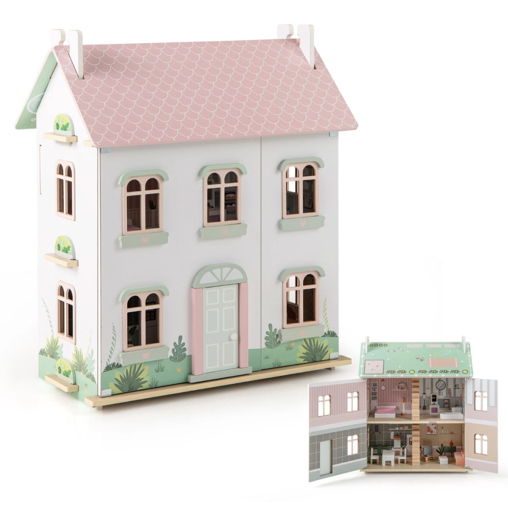Casa delle bambole in legno per bambini con tetti doppio lato e porte apribili, Giocattolo a 3 livelli per 3+ anni Rosa