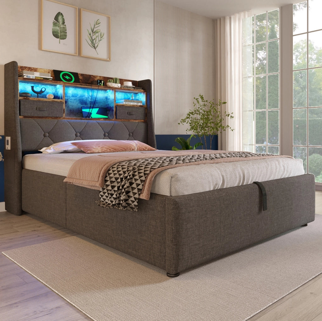 Letto imbottito 90x200 cm con contenitore idraulico, LED e prese USB Type-C, grigio