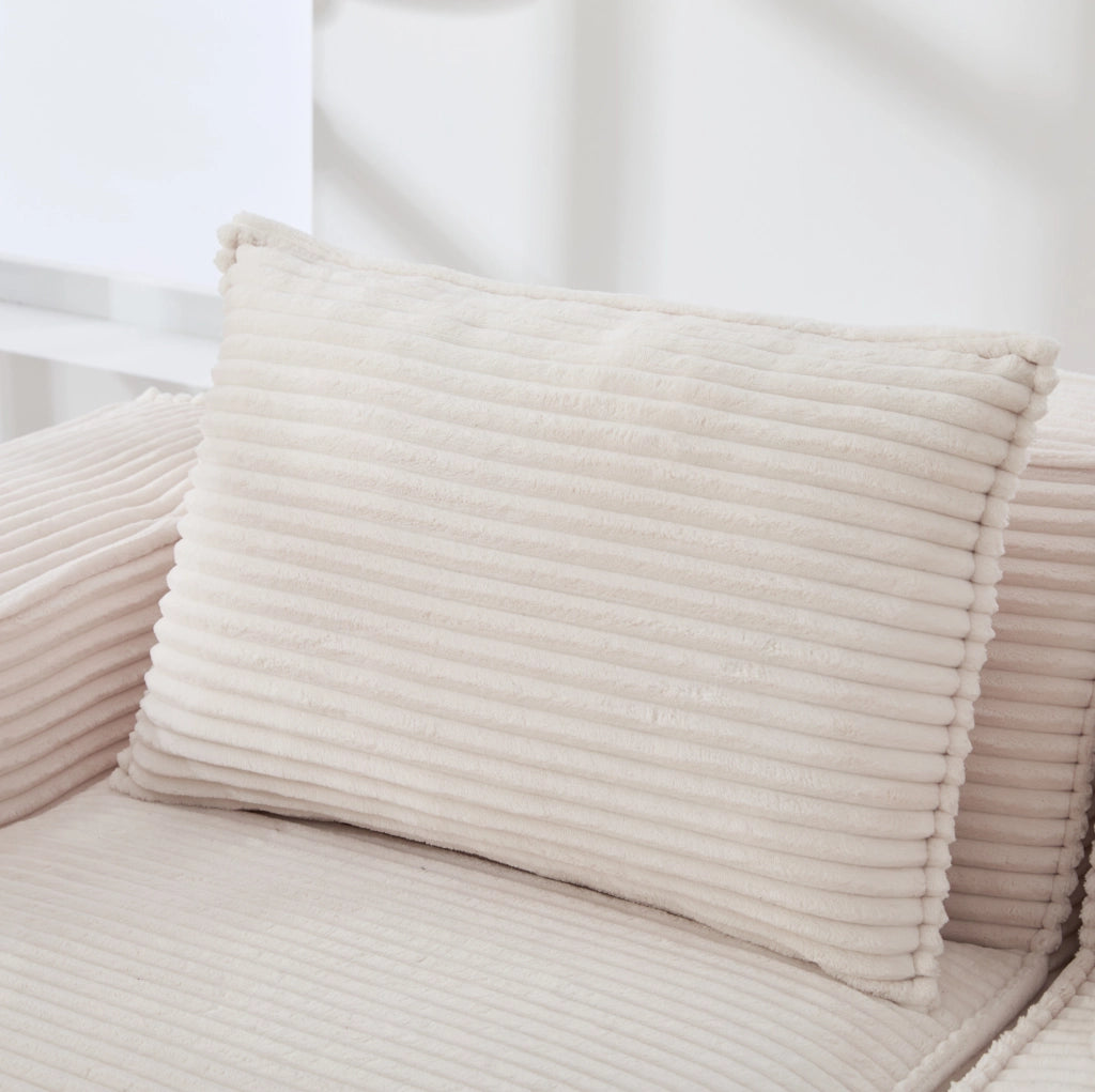 Divano modulare 2 posti corduroy con pouf, porta bicchieri e tasche, beige