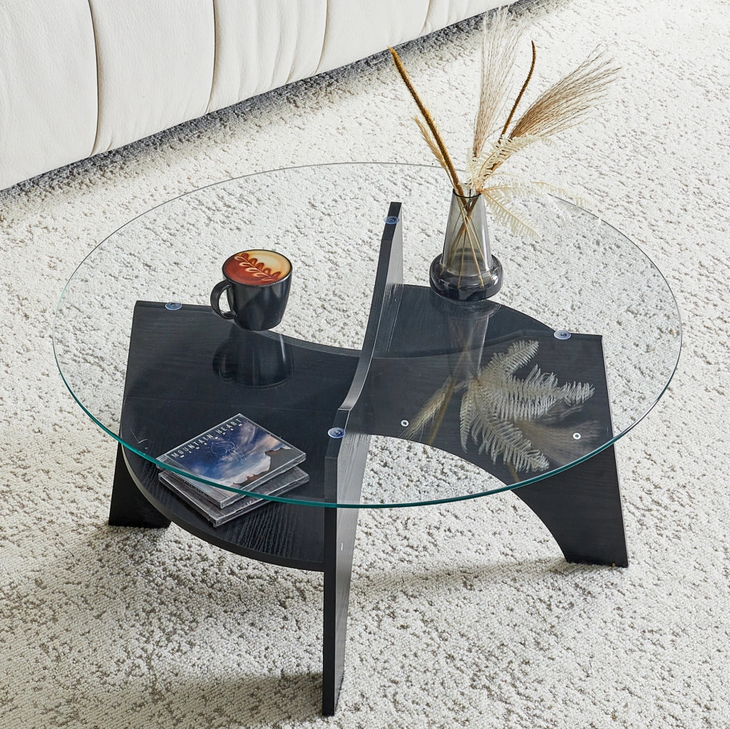 TAVOLINO ROTONDO 80x36 cm in vetro temperato e MDF nero