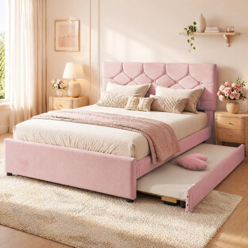 Letto imbottito 140x200 cm con rete e letto estraibile rosa