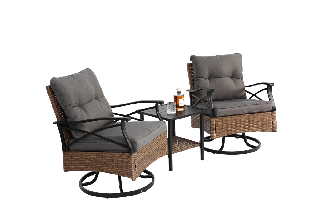 OKWISHPoltrone da giardino con tavolo set da 3 girevoli e basculanti 360° con cuscini in acciaio e rattan sintetico grigio