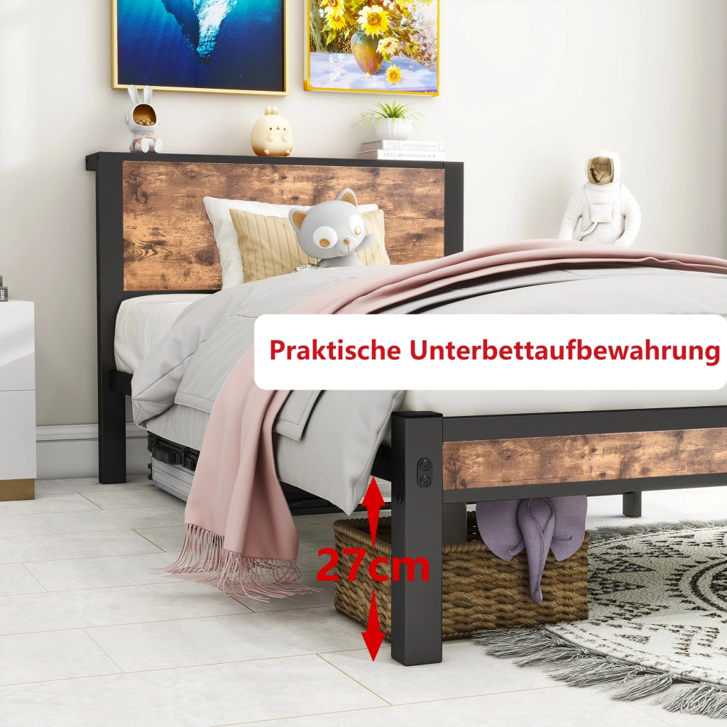 letto singolo mdf metallo marrone antico 90 x 200 cm