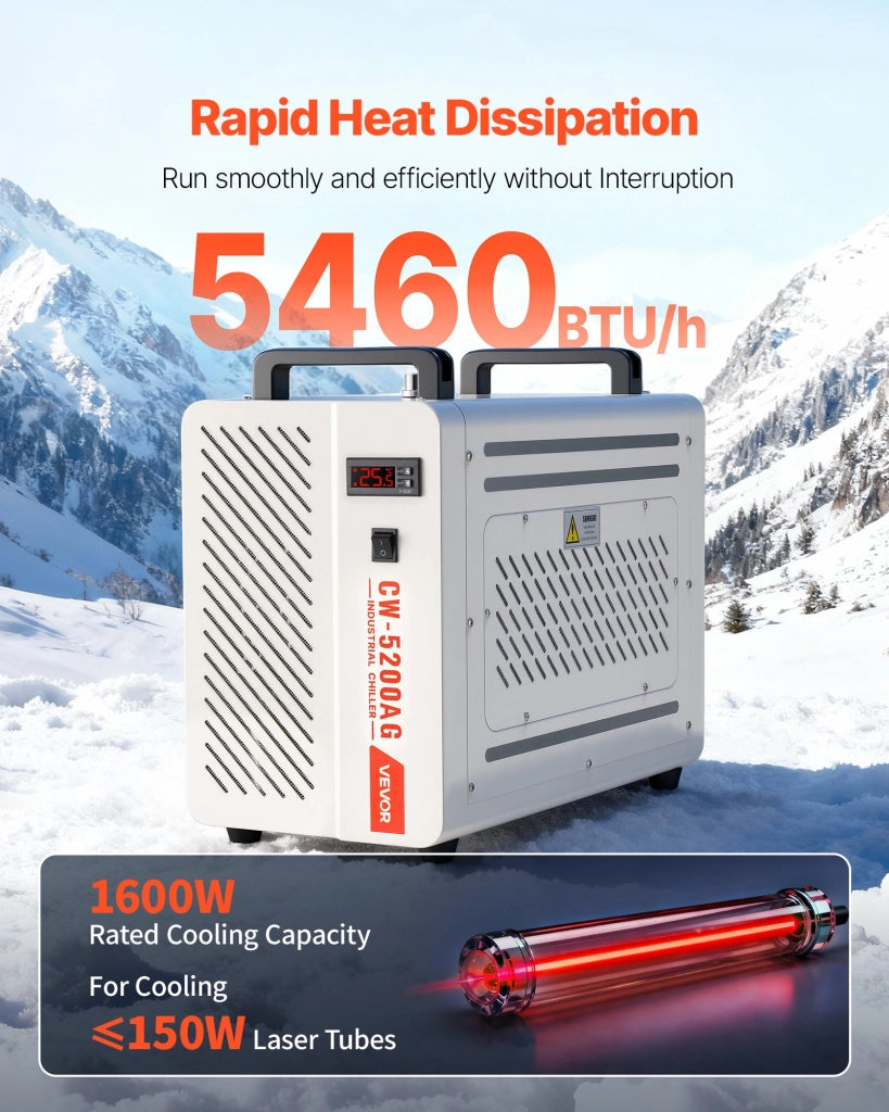 Refrigeratore d'Acqua Industriale CW-5200AG 650 W per Incisione Laser, Serbatoio 7 L, Raffreddamento a Compressore