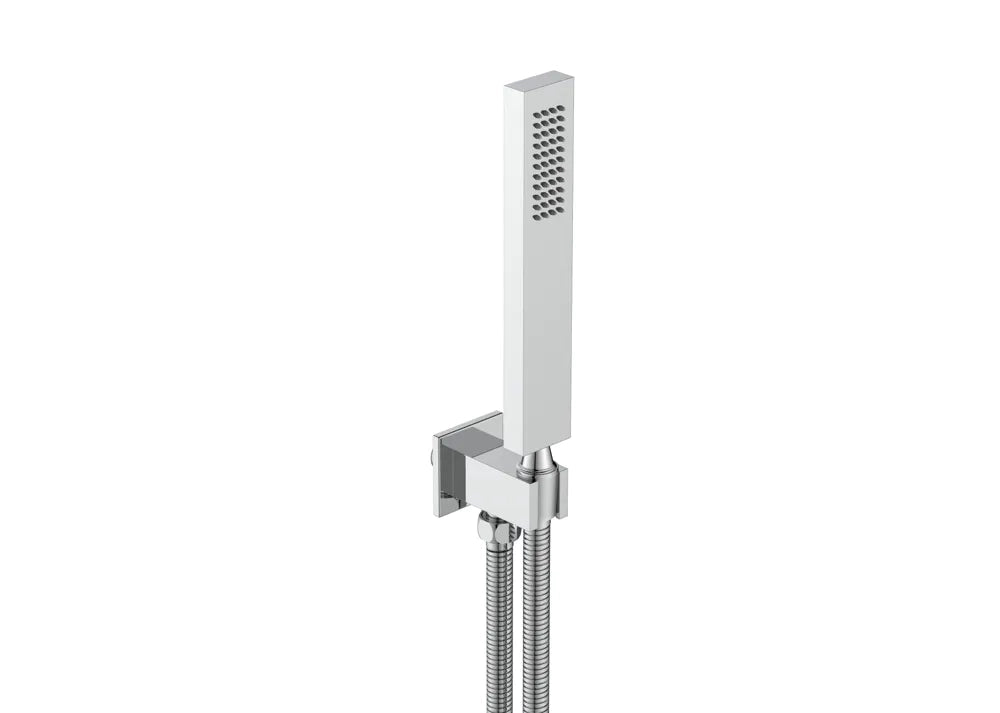 Kit doccia quadrato cromato: doccino, flessibile 150cm e presa acqua con supporto