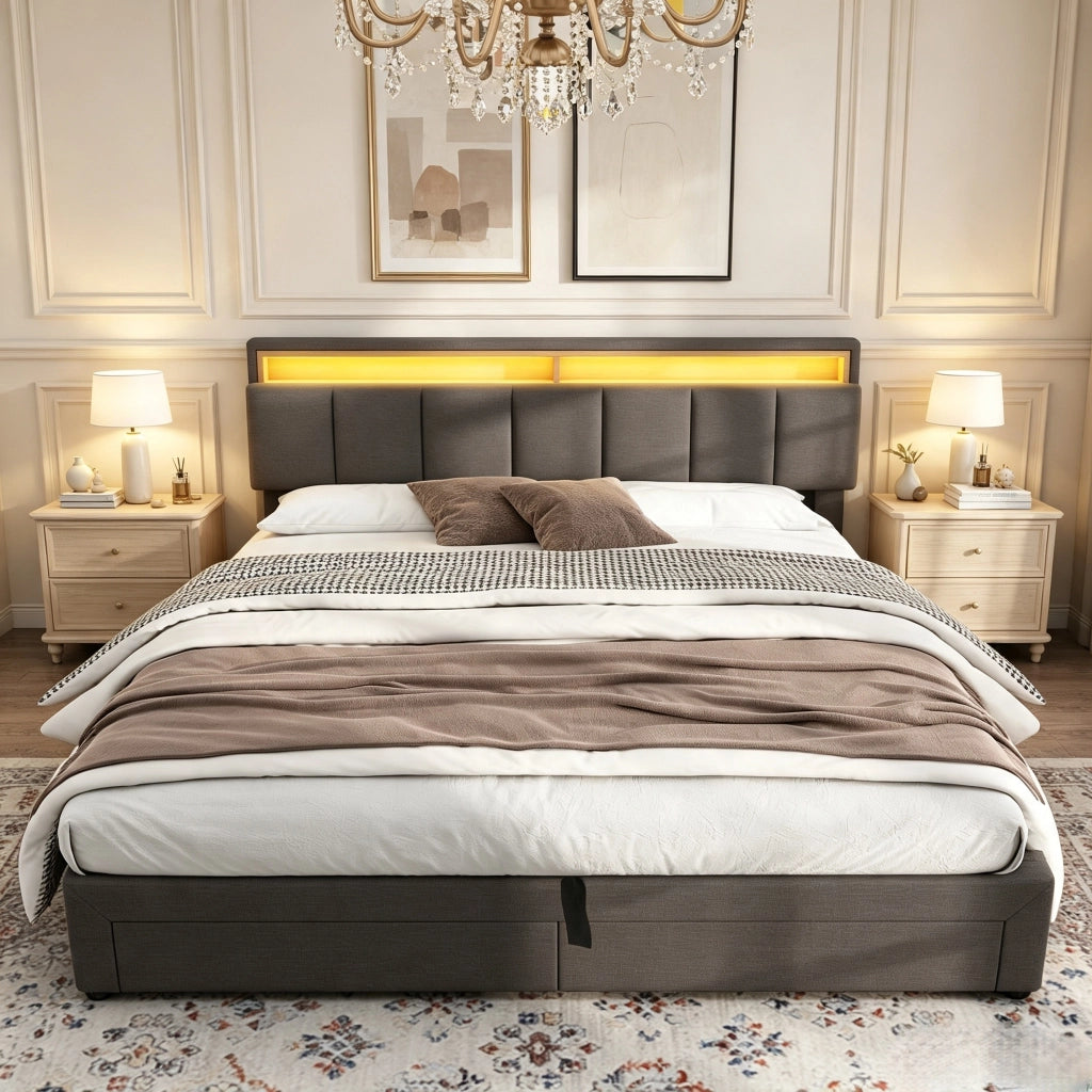 Letto matrimoniale contenitore 160x200 cm con testiera imbottita LED e porta USB cassetti e rete a doghe in lino-grigio