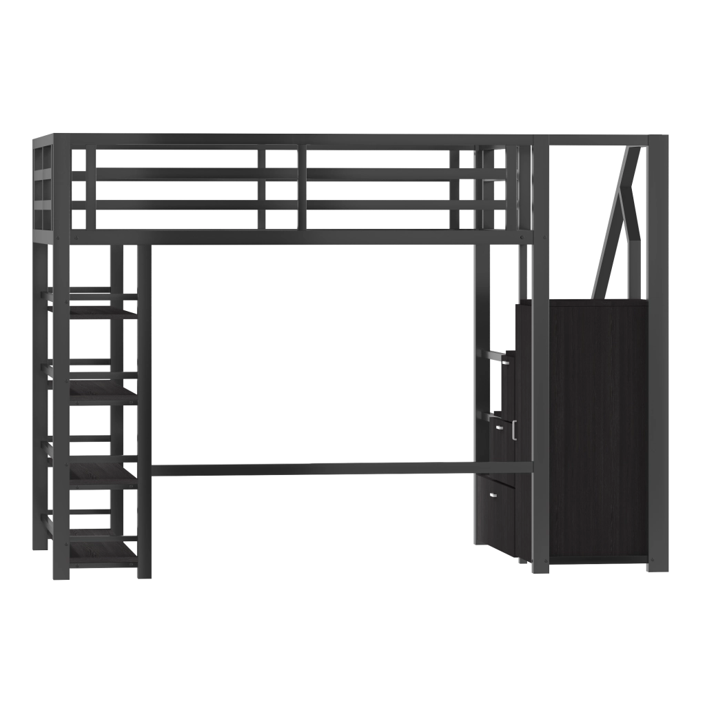 Letto a soppalco 140x200 cm con LED; libreria; armadio e scala contenitore; nero