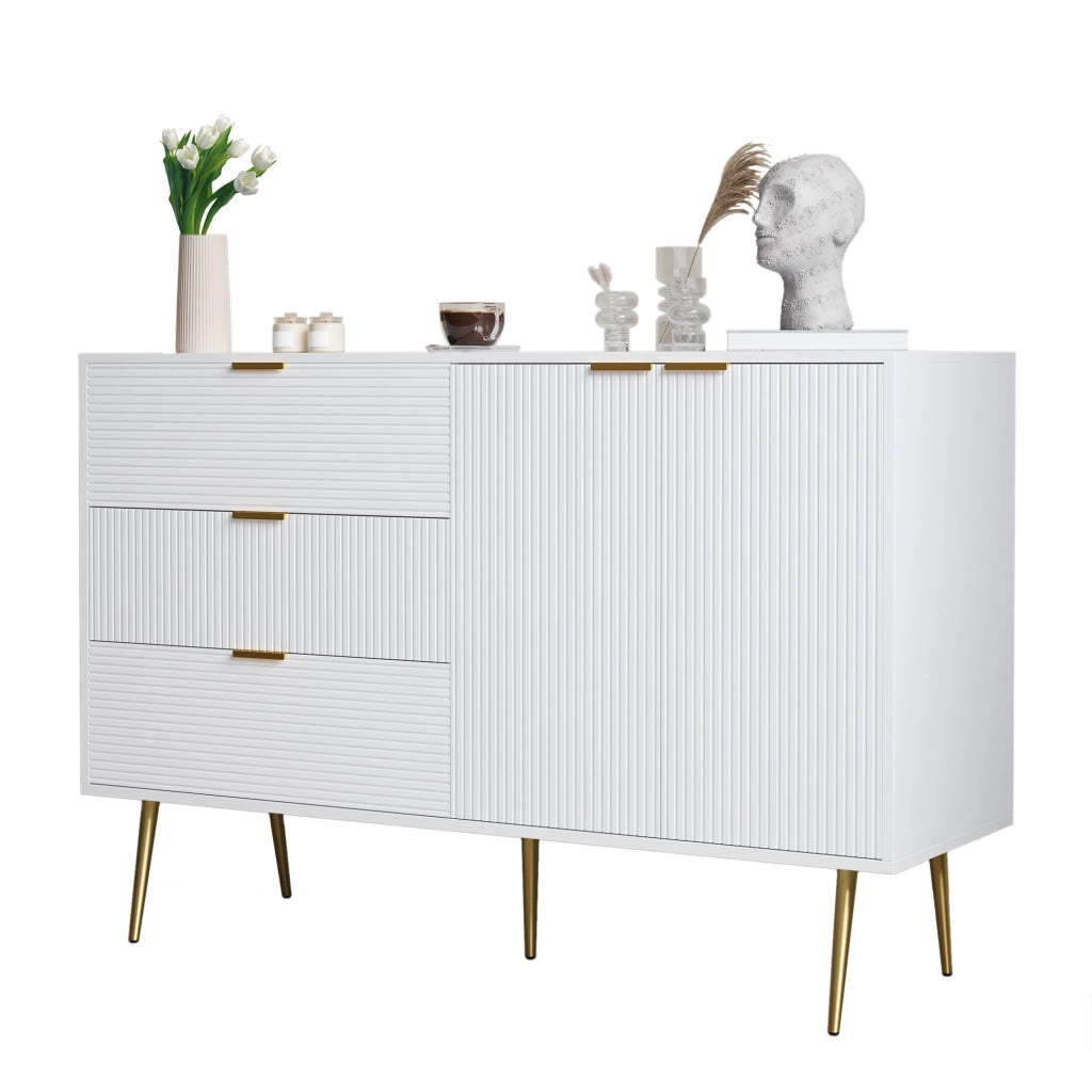 Sideboard moderno 120 x 38 x 80;5 cm in MDF bianco e oro con 3 cassetti e 2 ante