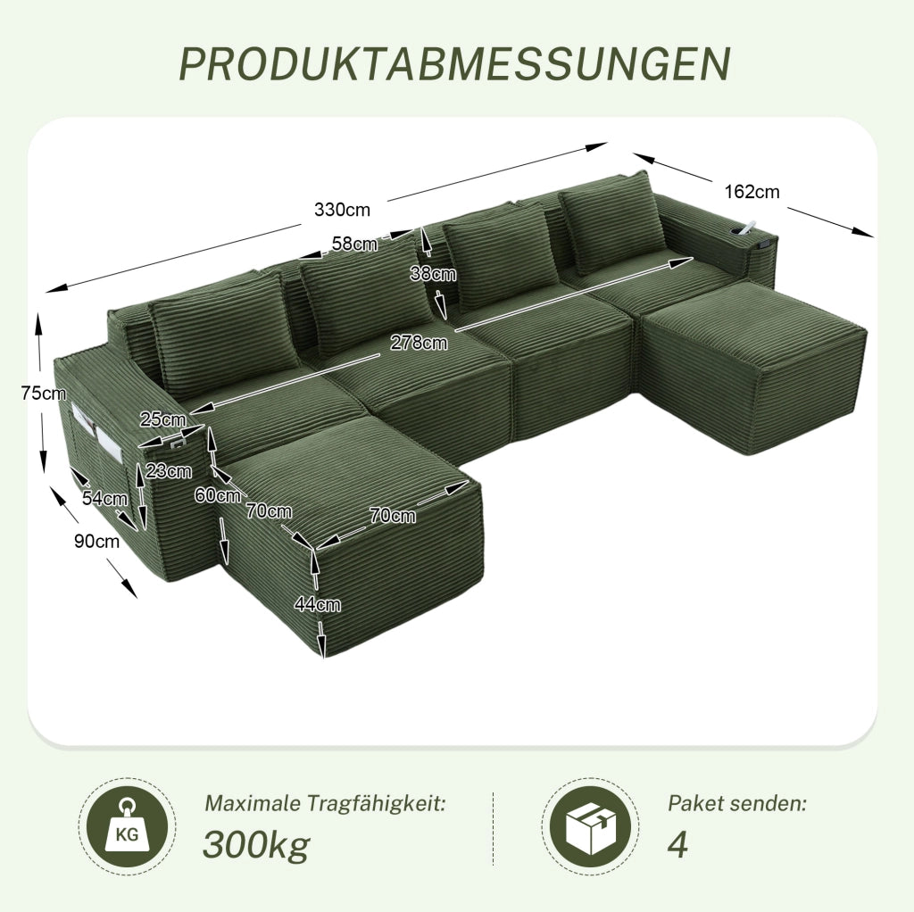 DIVANO modulare 4 posti in corduroy verde con 2 pouf