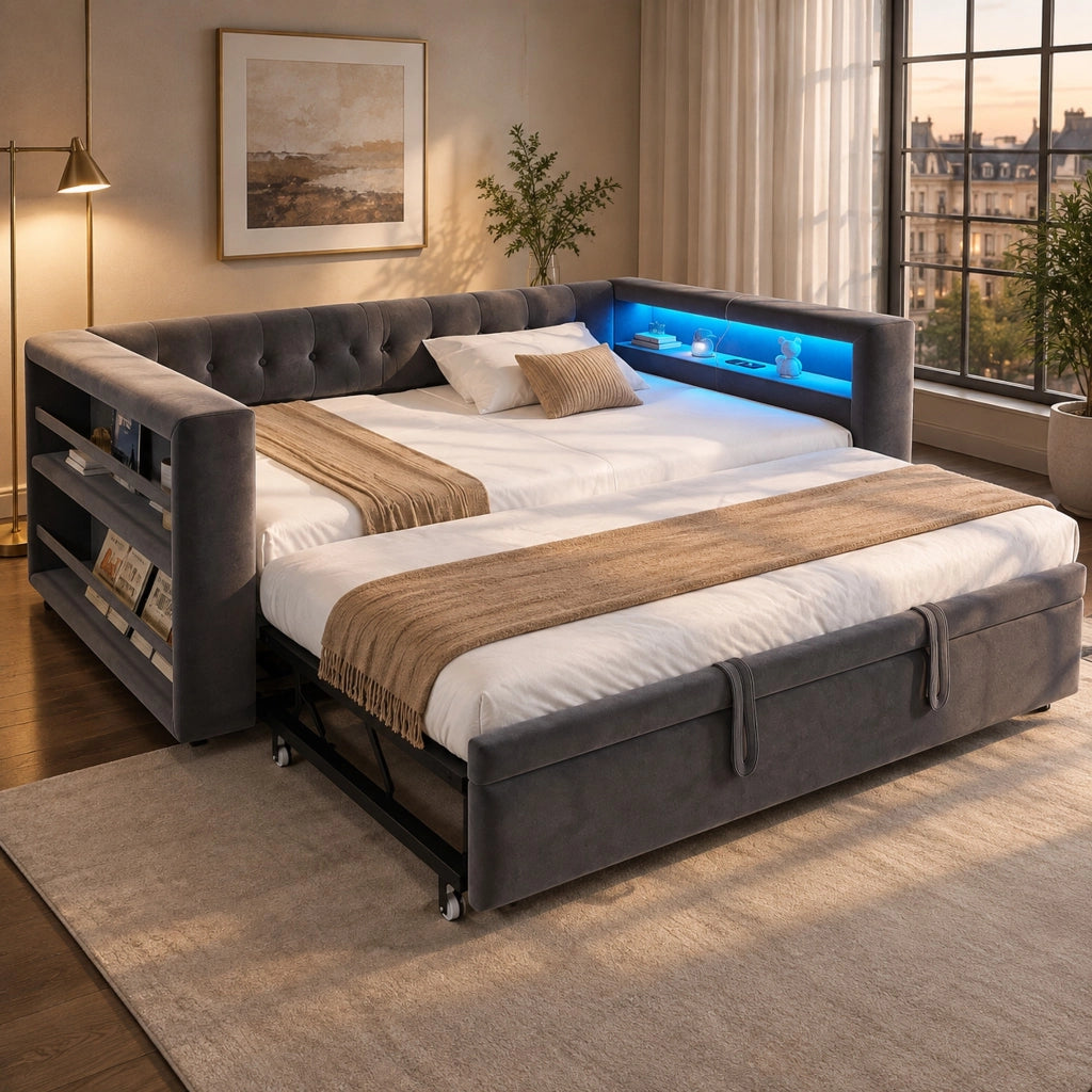Divano letto 180 × 190 cm con LED multicolore presa integrata vani nei braccioli in flanella grigio scuro