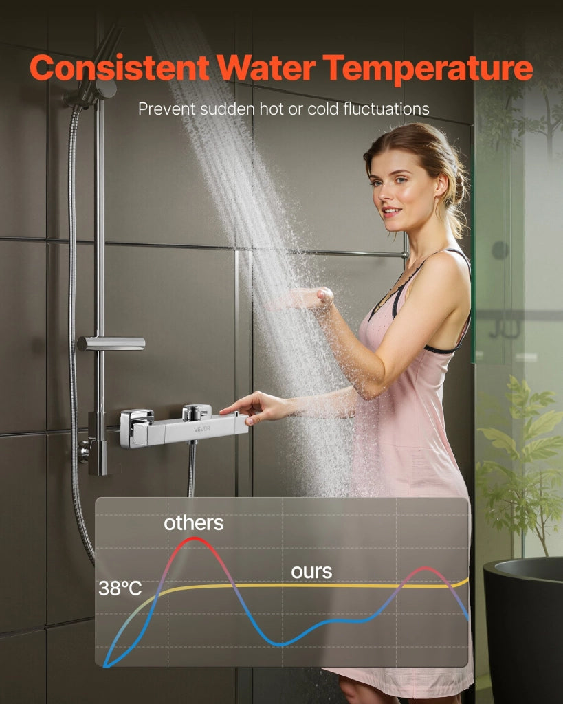 Miscelatore Termostatico per Doccia con Blocco Sicurezza 38°C in Ottone Cromato a Due Fori YH0221, Regolabile per Bagno e Camper