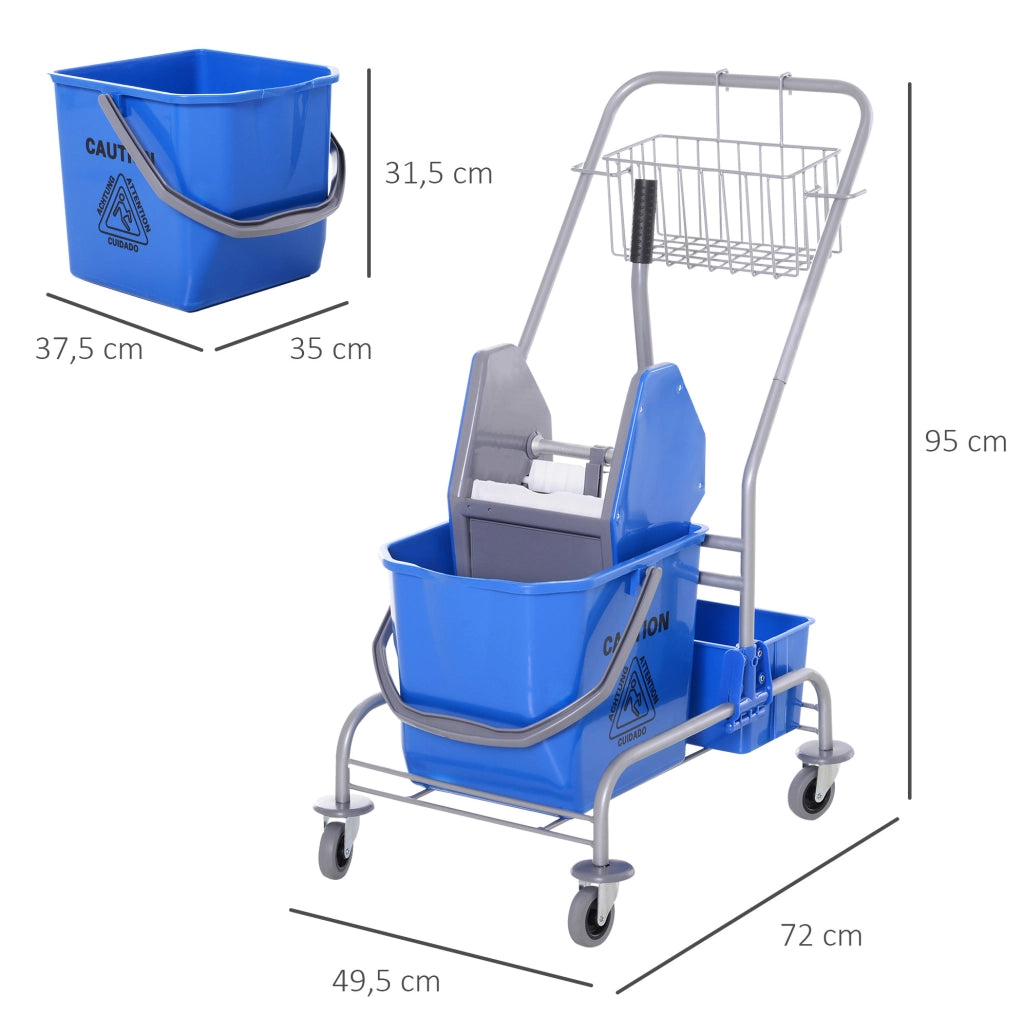 Carrello pulizie professionale con secchio da 25 L, strizzatore e 4 ruote, blu