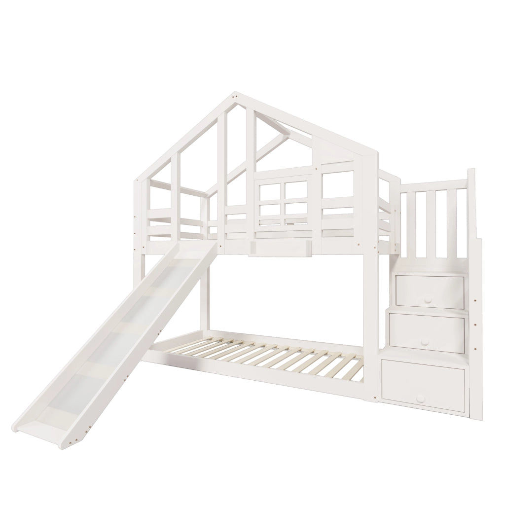 Letto a castello per bambini 90x200 cm con scivolo bianco