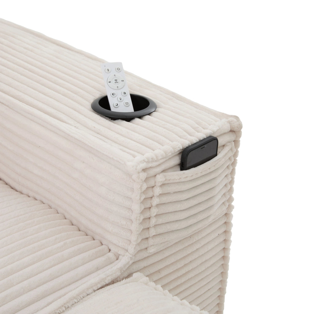 Divano modulare 2 posti corduroy con pouf, porta bicchieri e tasche, beige