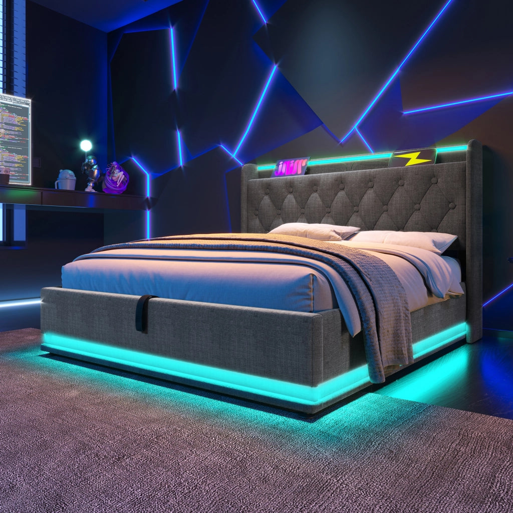 Letto imbottito grigio 180x200 cm con contenitore idraulico; LED e USB Tipo-C